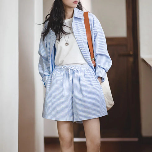Premium women's striped cotton shorts, Japanese style, loose fit, high waist Bermuda pants.